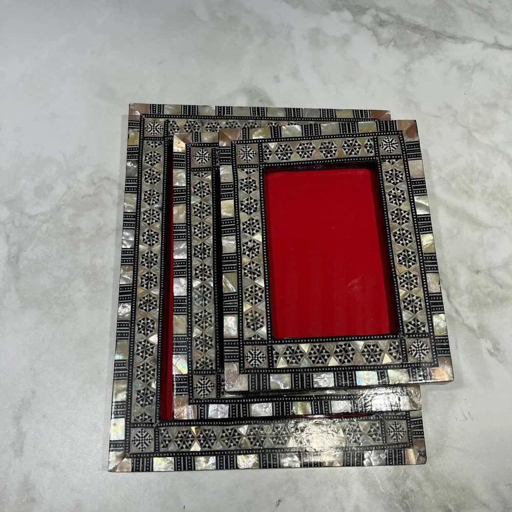 Handcrafted Mother of Pearl Mosaic Picture Frame: Beech Wood Inlay Set of 3